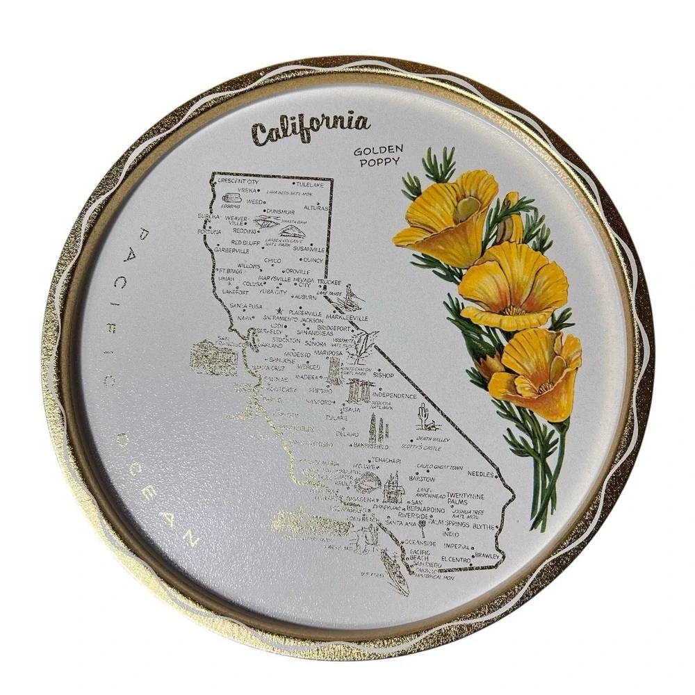 Vintage California Map Souvenir Litho Metal Tray Gold State Flower Poppy Floral